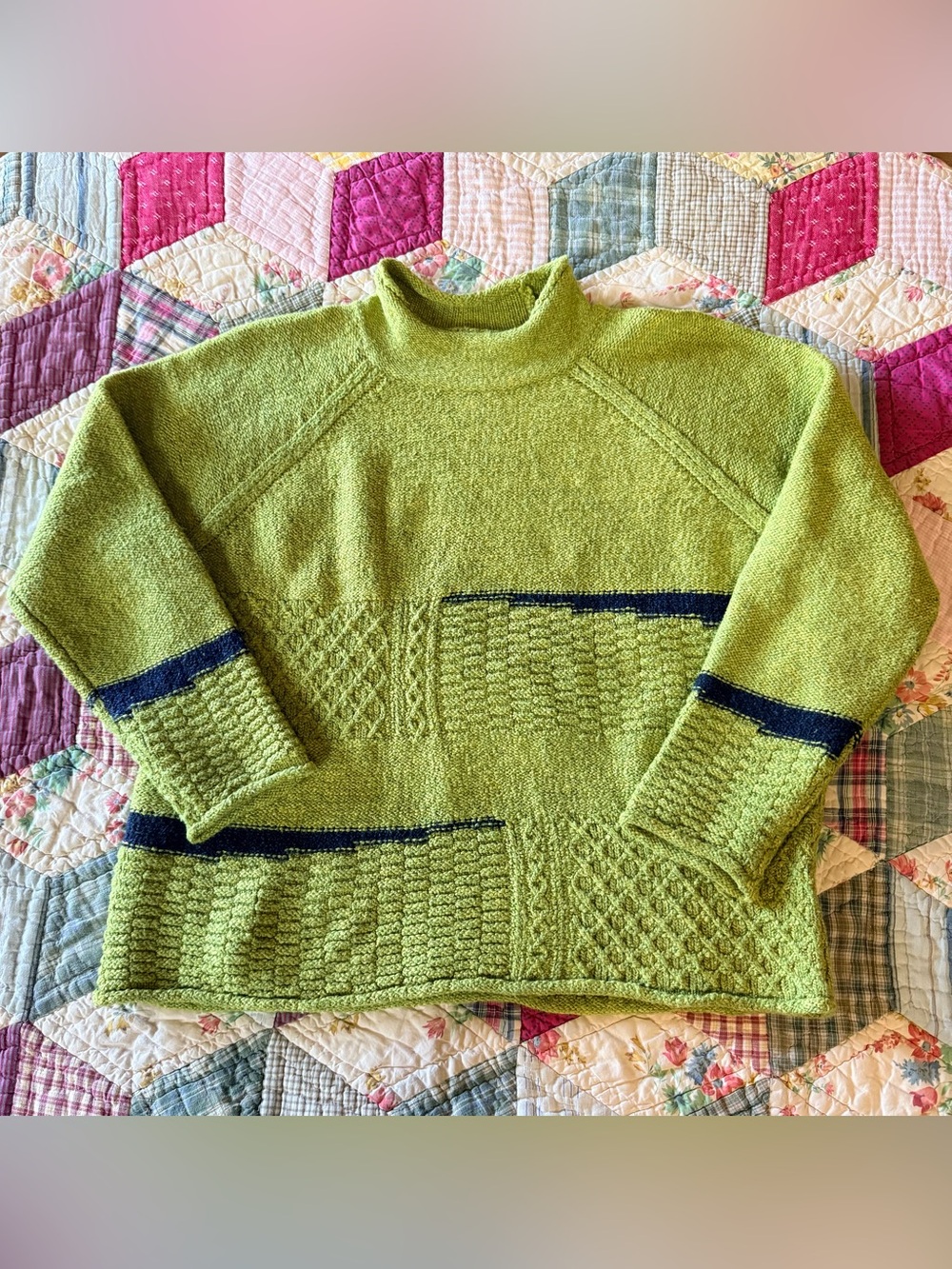 🍏 Habitat Chartreuse Mock Neck Textured Knit Sweater - M